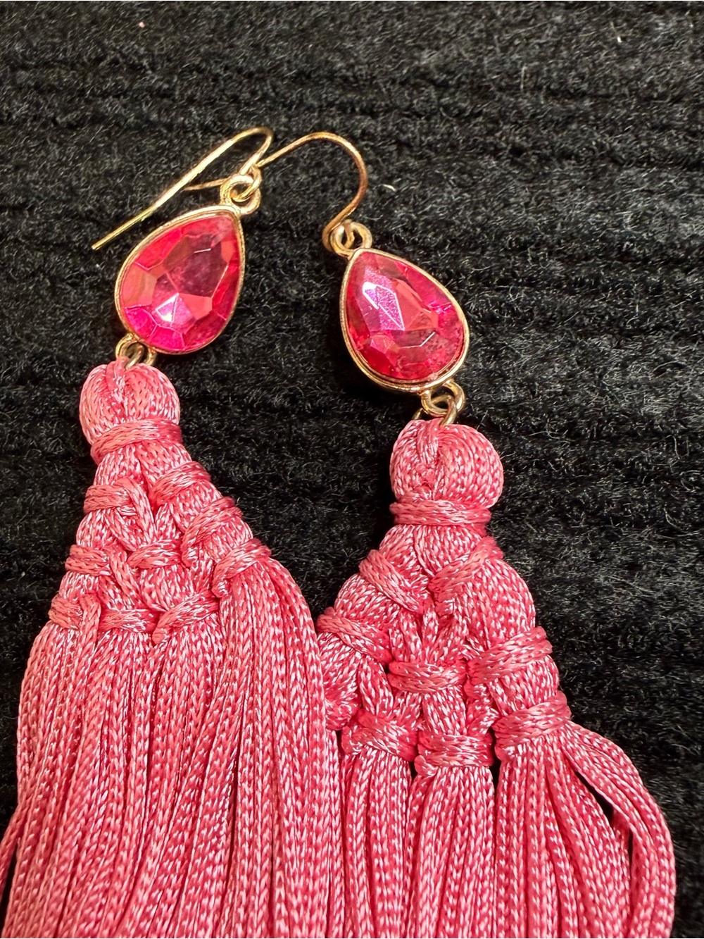 Gold-Accent Hot Pink Tassel Drop Earrings with Teardrop Crystal
